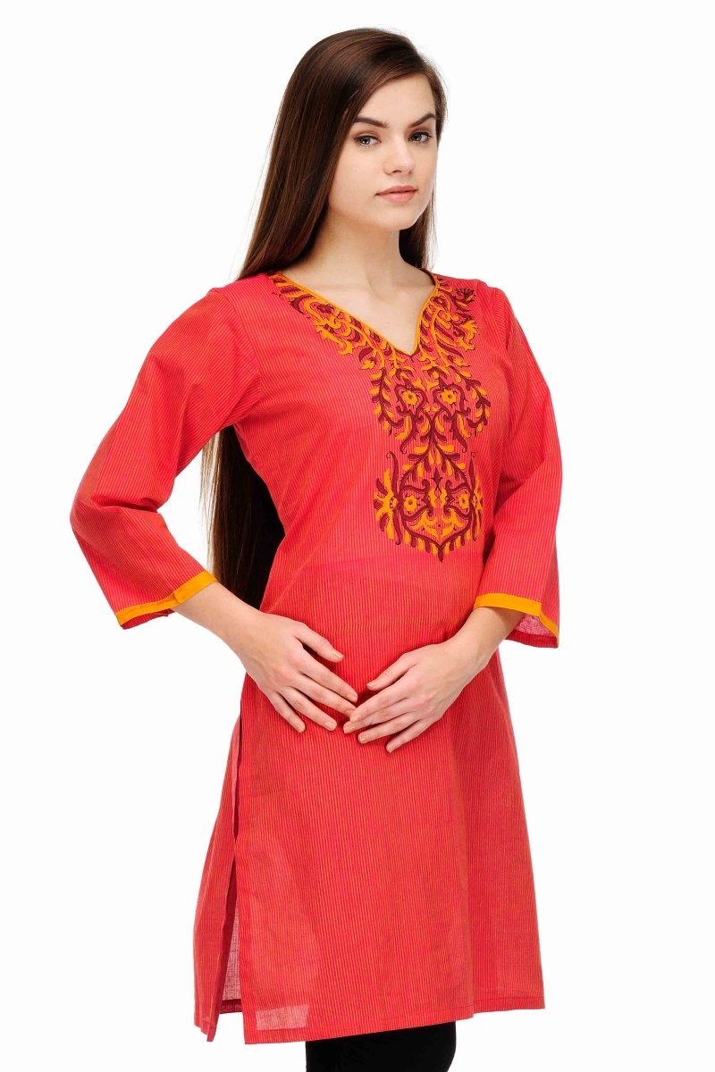 Red Cotton Block Print Kurta - Kreate- Kurtis & Salwar Suits