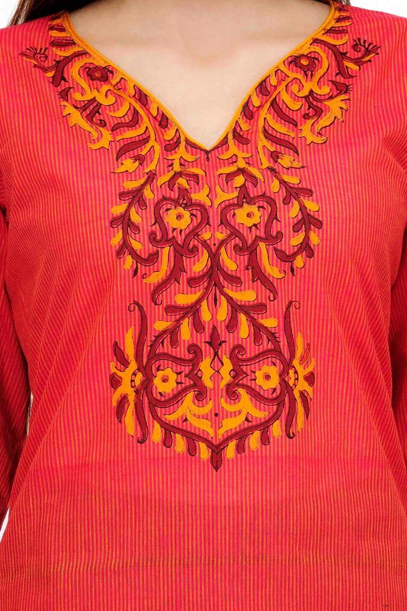 Red Cotton Block Print Kurta - Kreate- Kurtis & Salwar Suits