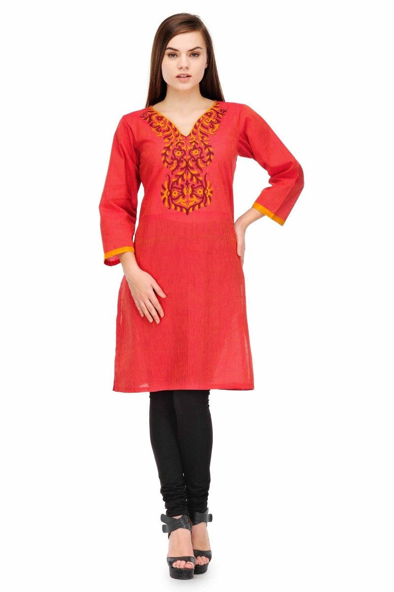 Red Cotton Block Print Kurta - Kreate- Kurtis & Salwar Suits