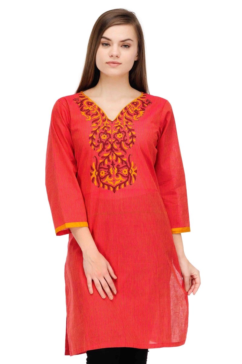 Red Cotton Block Print Kurta - Kreate- Kurtis & Salwar Suits