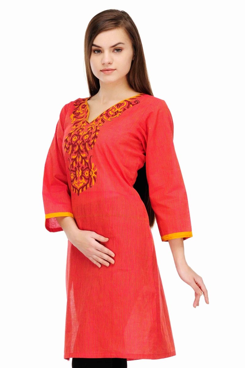 Red Cotton Block Print Kurta - Kreate- Kurtis & Salwar Suits