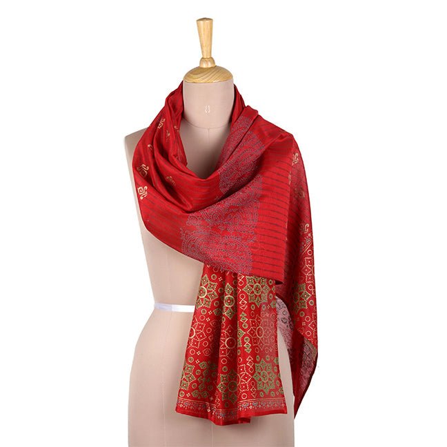 Red Cotton Silk Block Print Stole - Kreate- Dupatta & Shawls