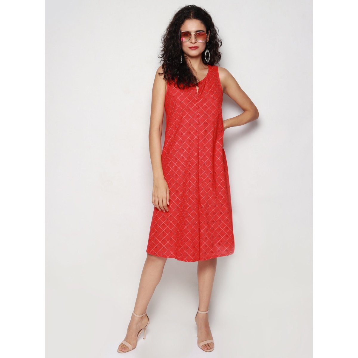 Red Golden checks Block Print Dress - Kreate- Dresses & jumpsuits