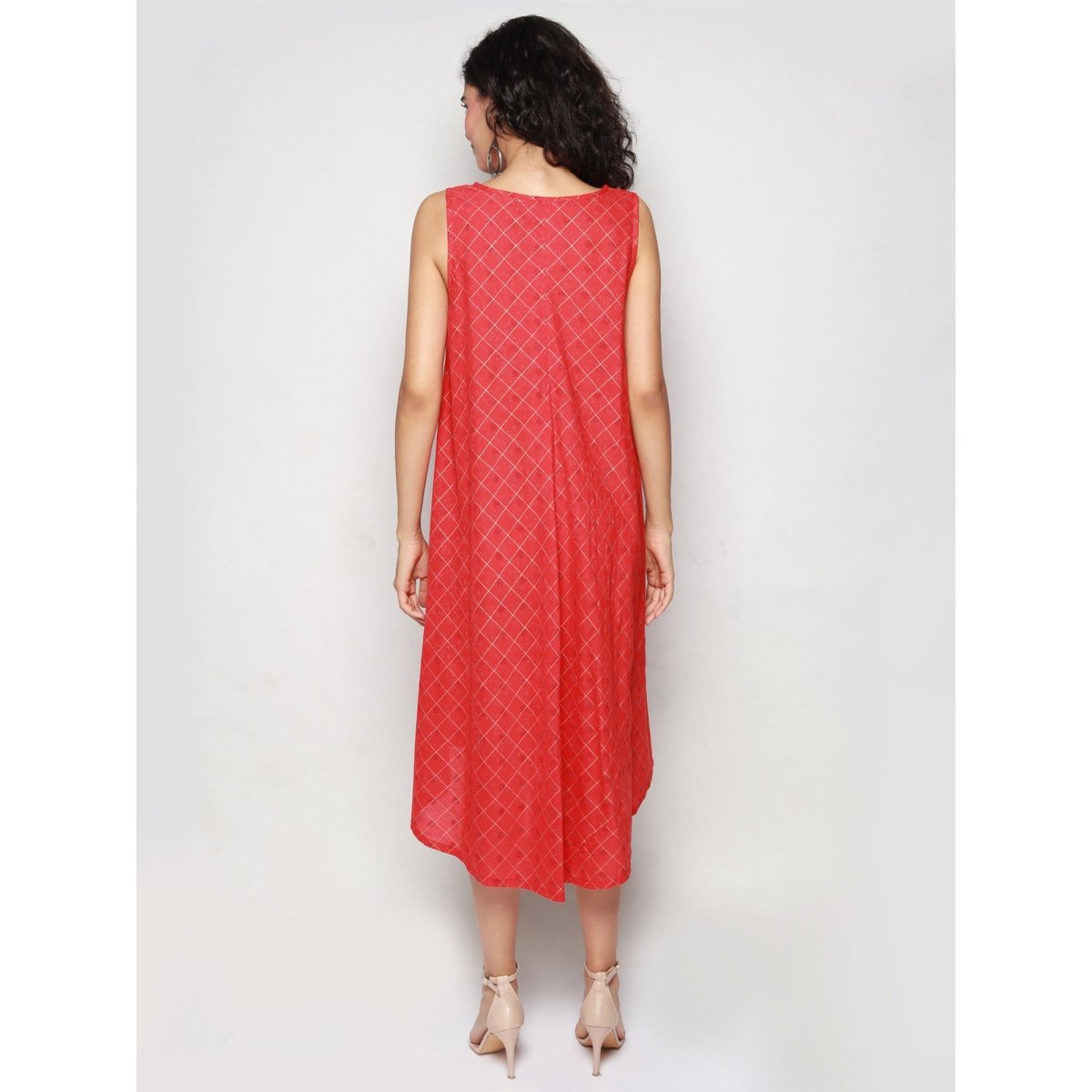 Red Golden checks Block Print Dress - Kreate- Dresses & jumpsuits
