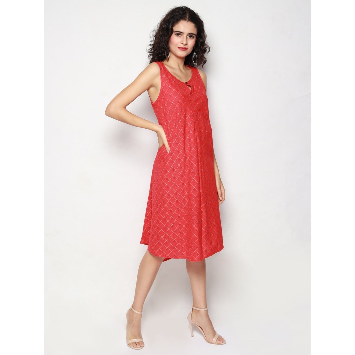 Red Golden checks Block Print Dress - Kreate- Dresses & jumpsuits