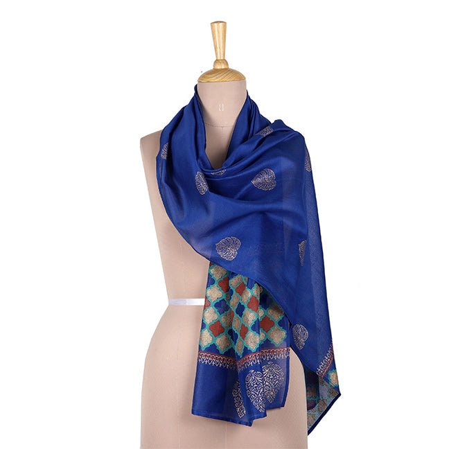 Royal Blue Cotton Silk Block Print Stole - Kreate- Dupatta & Shawls
