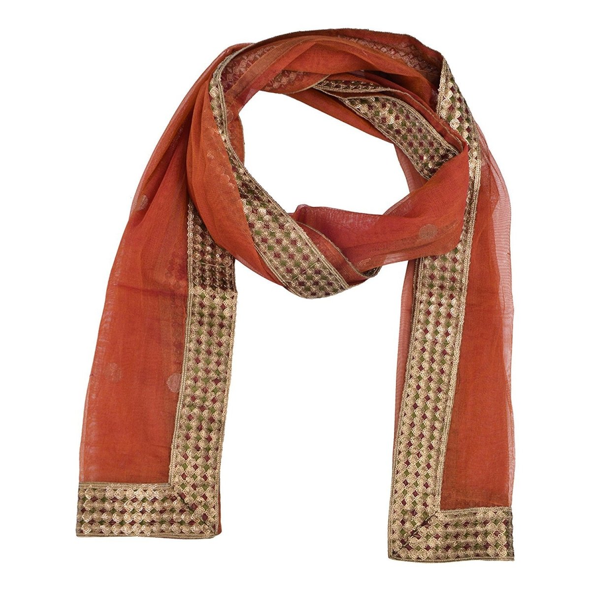 Rust Orange Benarsi Net Sequins Embroidery Stole - Kreate- Dupatta & Shawls