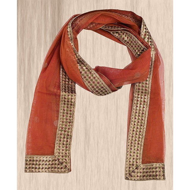 Rust Orange Benarsi Net Sequins Embroidery Stole - Kreate- Dupatta & Shawls