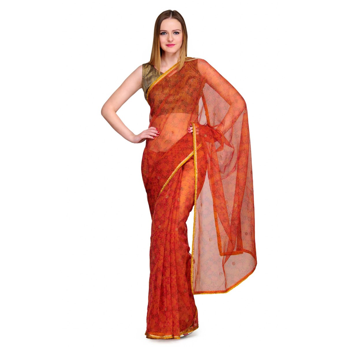 Rust Orange Printed Net Saree with Blouse Piece - Kreate- Sarees & Blouses