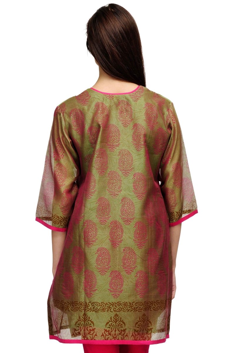 Sage Green Chanderi Block Print Kurta - Kreate- Kurtis & Salwar Suits