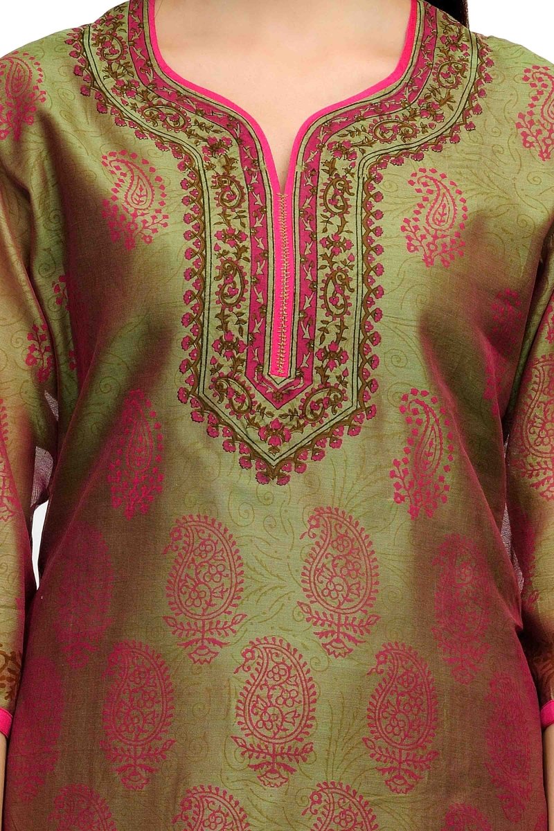 Sage Green Chanderi Block Print Kurta - Kreate- Kurtis & Salwar Suits