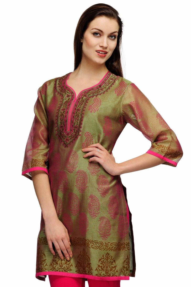 Sage Green Chanderi Block Print Kurta - Kreate- Kurtis & Salwar Suits