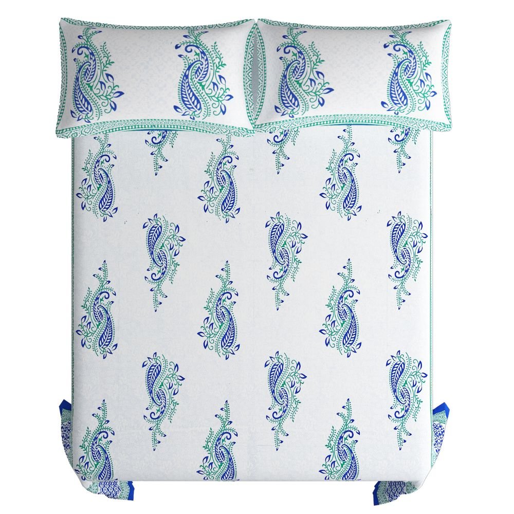 Sanganeri Printed Cotton King Size Double Bedsheet With 2 Pillow Covers - Kreate- Bedding