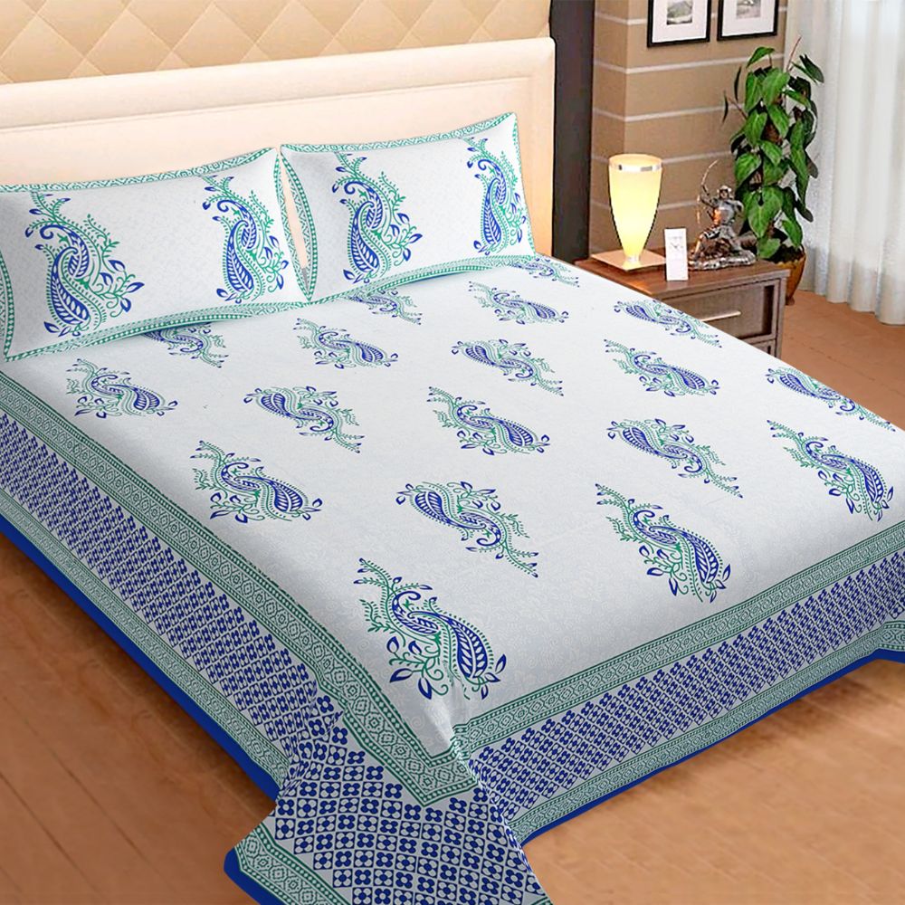 Sanganeri Printed Cotton King Size Double Bedsheet With 2 Pillow Covers - Kreate- Bedding