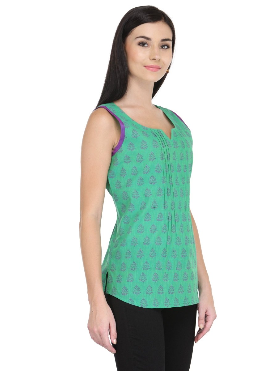 Sea Green Cotton Block Print Top - Kreate- Tops & T-shirts