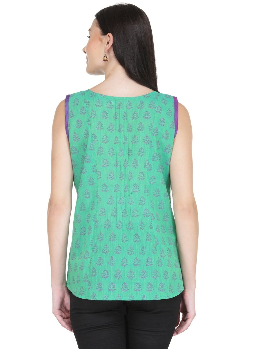 Sea Green Cotton Block Print Top - Kreate- Tops & T-shirts