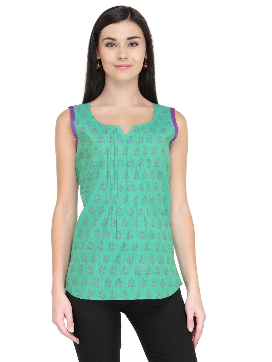 Sea Green Cotton Block Print Top - Kreate- Tops & T-shirts