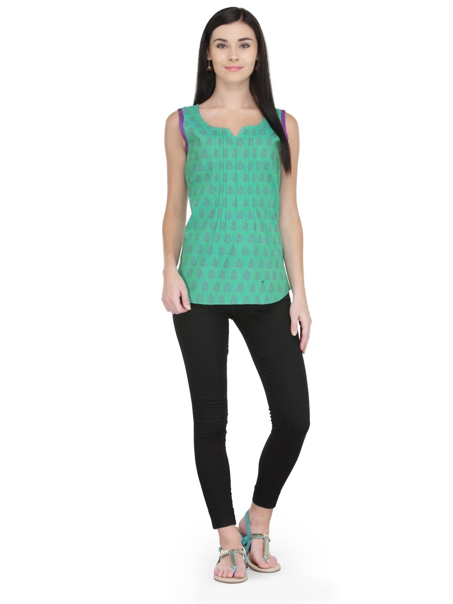 Sea Green Cotton Block Print Top - Kreate- Tops & T-shirts
