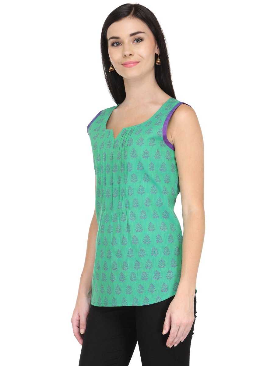 Sea Green Cotton Block Print Top - Kreate- Tops & T-shirts