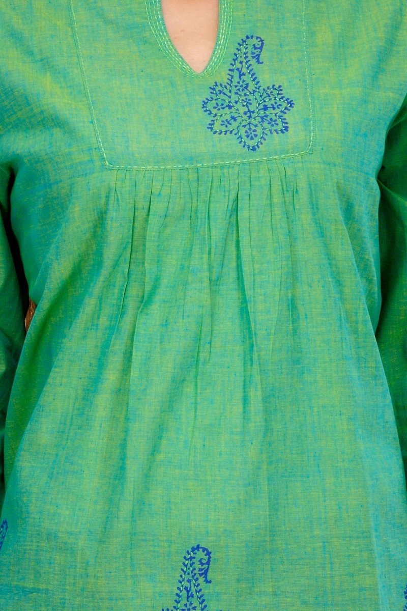 Sea-green Cotton Block Printed Top - Kreate- Kurtis & Salwar Suits