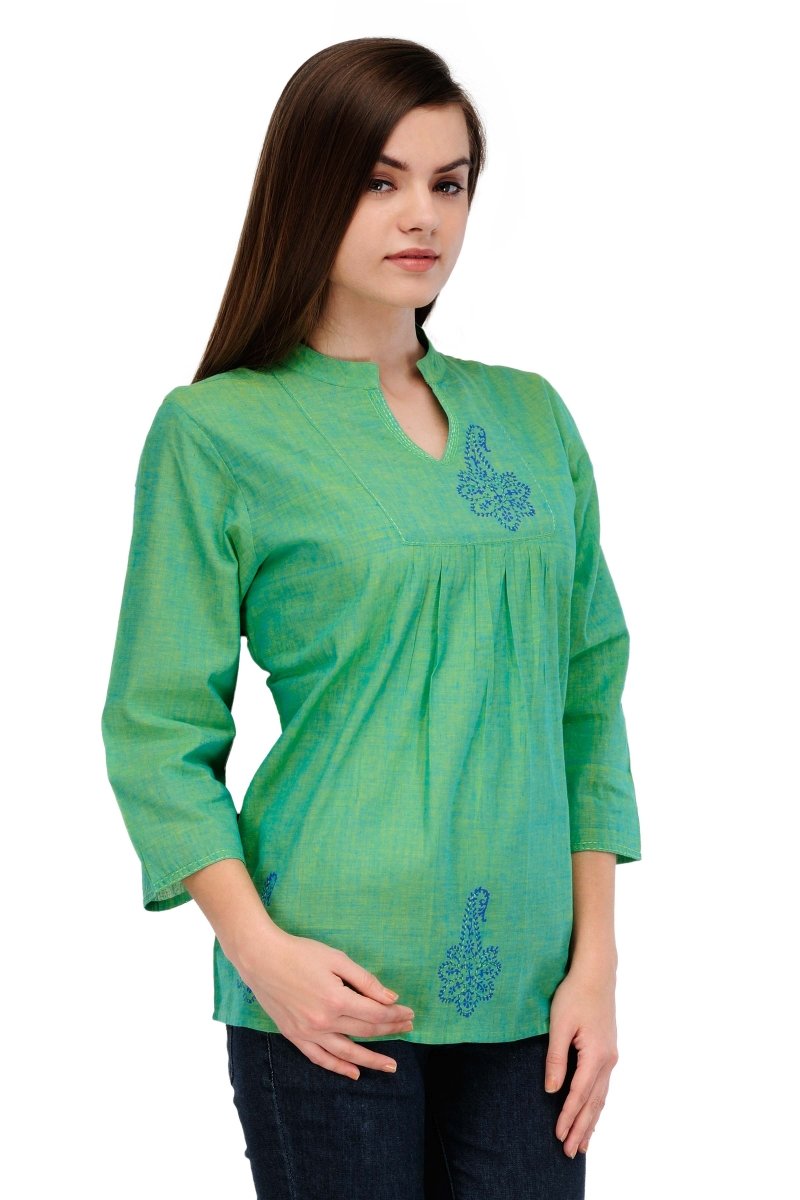 Sea-green Cotton Block Printed Top - Kreate- Kurtis & Salwar Suits