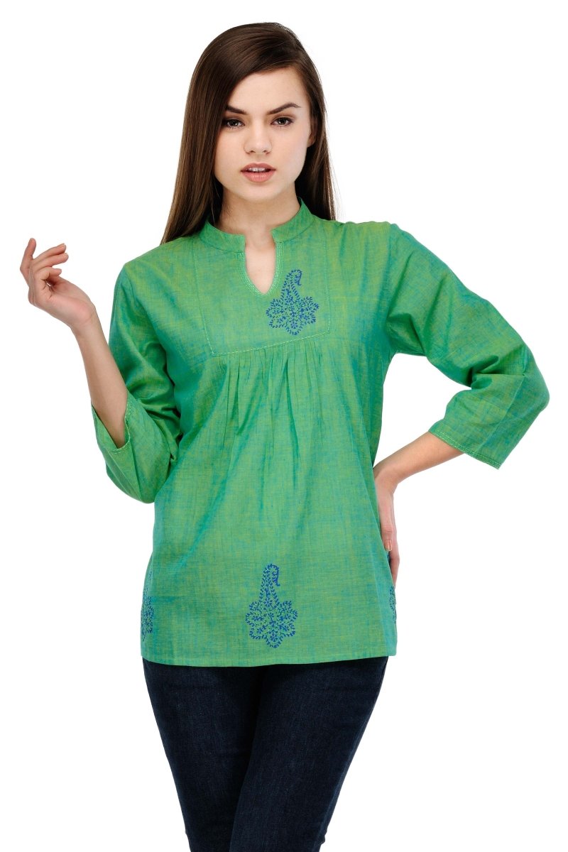 Sea-green Cotton Block Printed Top - Kreate- Kurtis & Salwar Suits