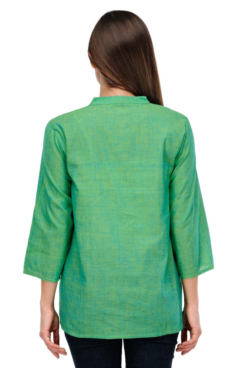 Sea-green Cotton Block Printed Top - Kreate- Kurtis & Salwar Suits