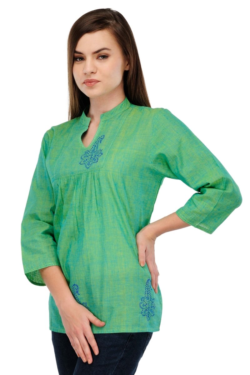 Sea-green Cotton Block Printed Top - Kreate- Kurtis & Salwar Suits