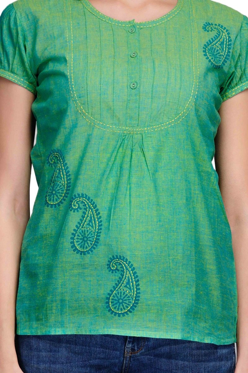 Sea Green Cotton Block Printed Tunic - Kreate- Kurtis & Salwar Suits