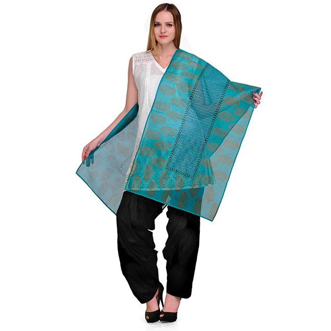 Seagreen Block Print Cotton Silk Stole - Kreate- Dupatta & Shawls