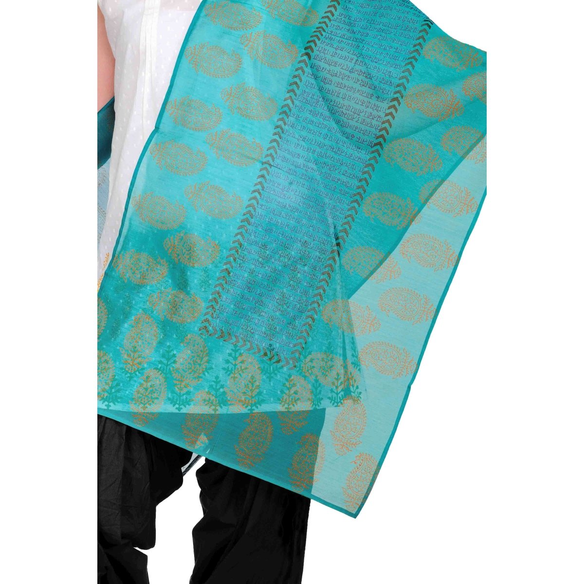 Seagreen Block Print Cotton Silk Stole - Kreate- Dupatta & Shawls