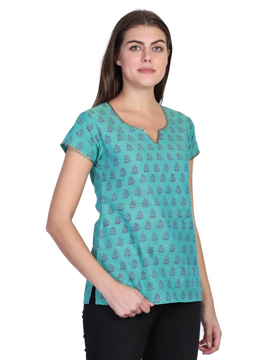 Seagreen Block Printed Cotton Kurti Top - Kreate- Kurtis & Salwar Suits