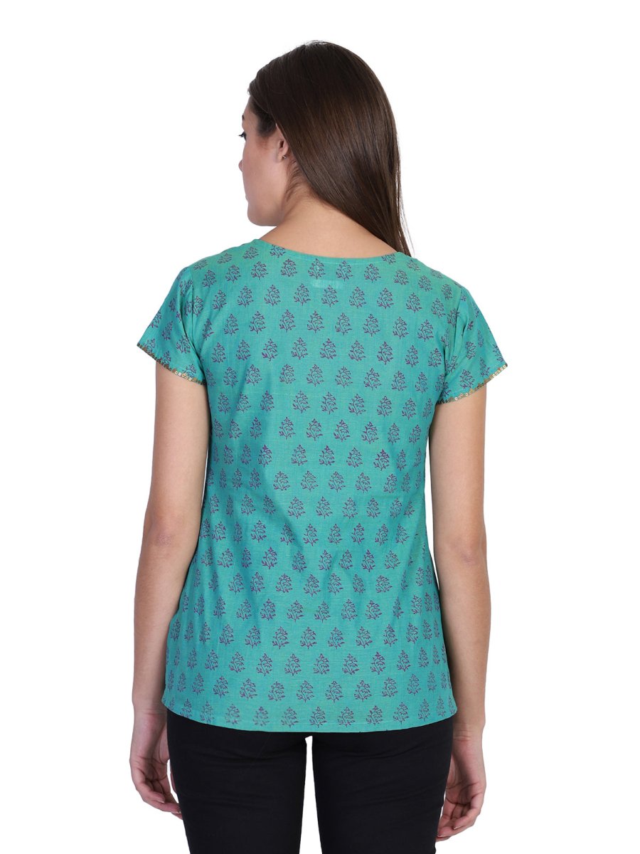Seagreen Block Printed Cotton Kurti Top - Kreate- Kurtis & Salwar Suits