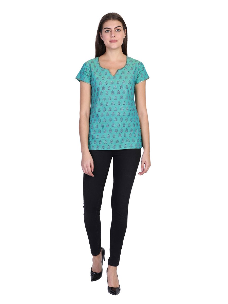 Seagreen Block Printed Cotton Kurti Top - Kreate- Kurtis & Salwar Suits
