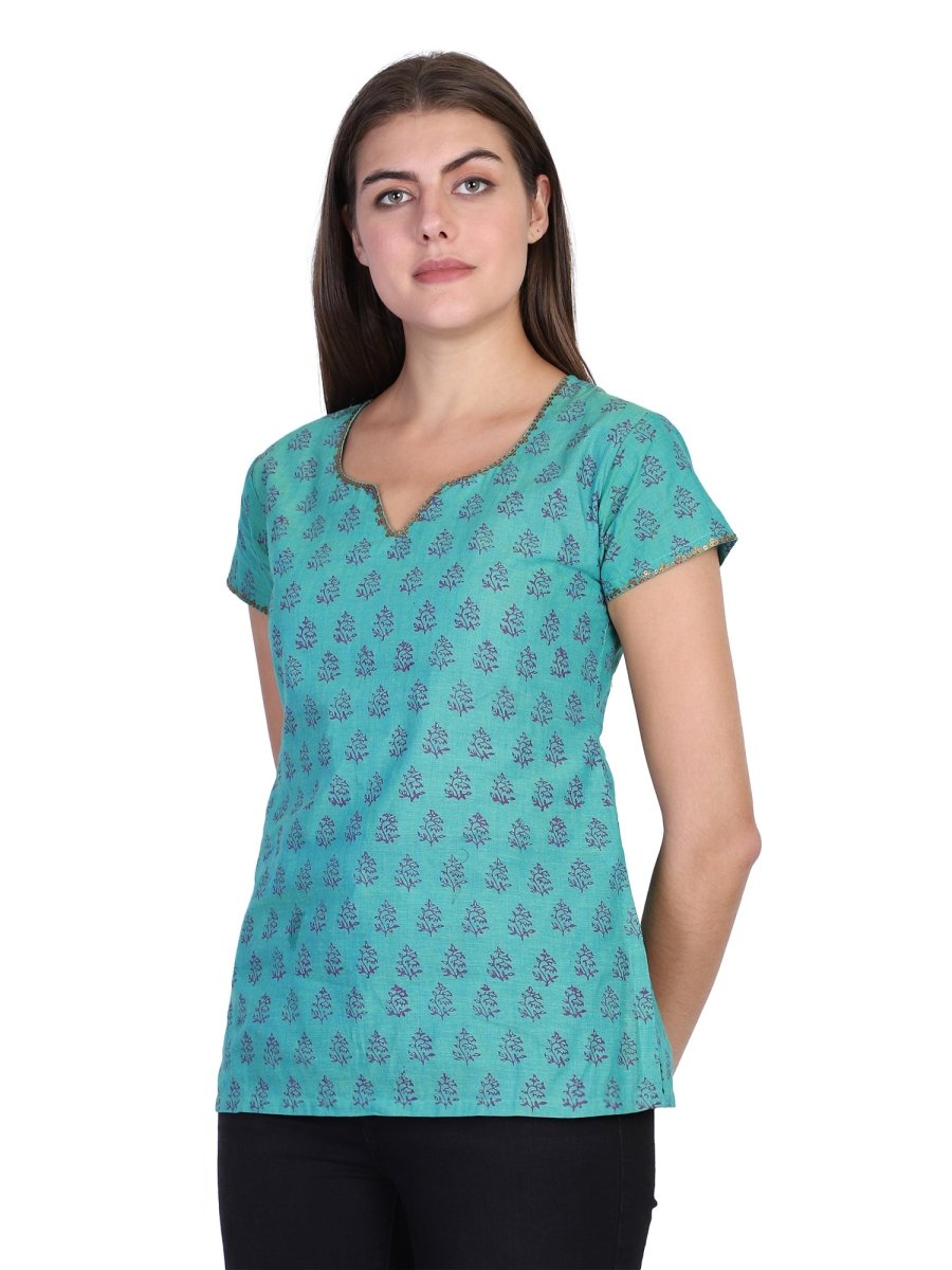 Seagreen Block Printed Cotton Kurti Top - Kreate- Kurtis & Salwar Suits