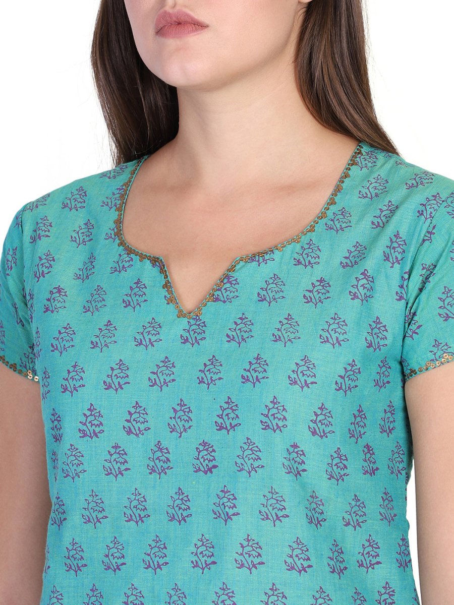 Seagreen Block Printed Cotton Kurti Top - Kreate- Kurtis & Salwar Suits