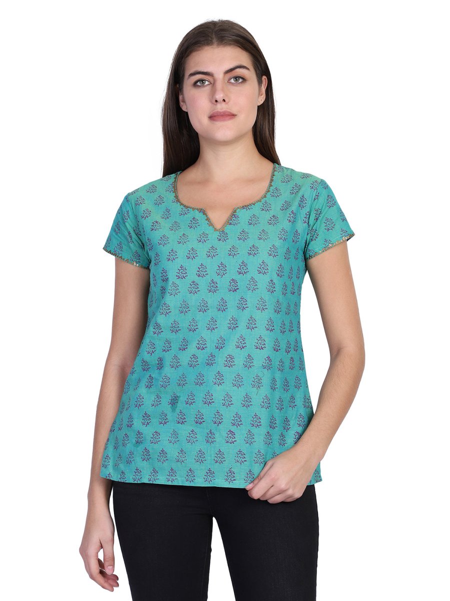Seagreen Block Printed Cotton Kurti Top - Kreate- Kurtis & Salwar Suits