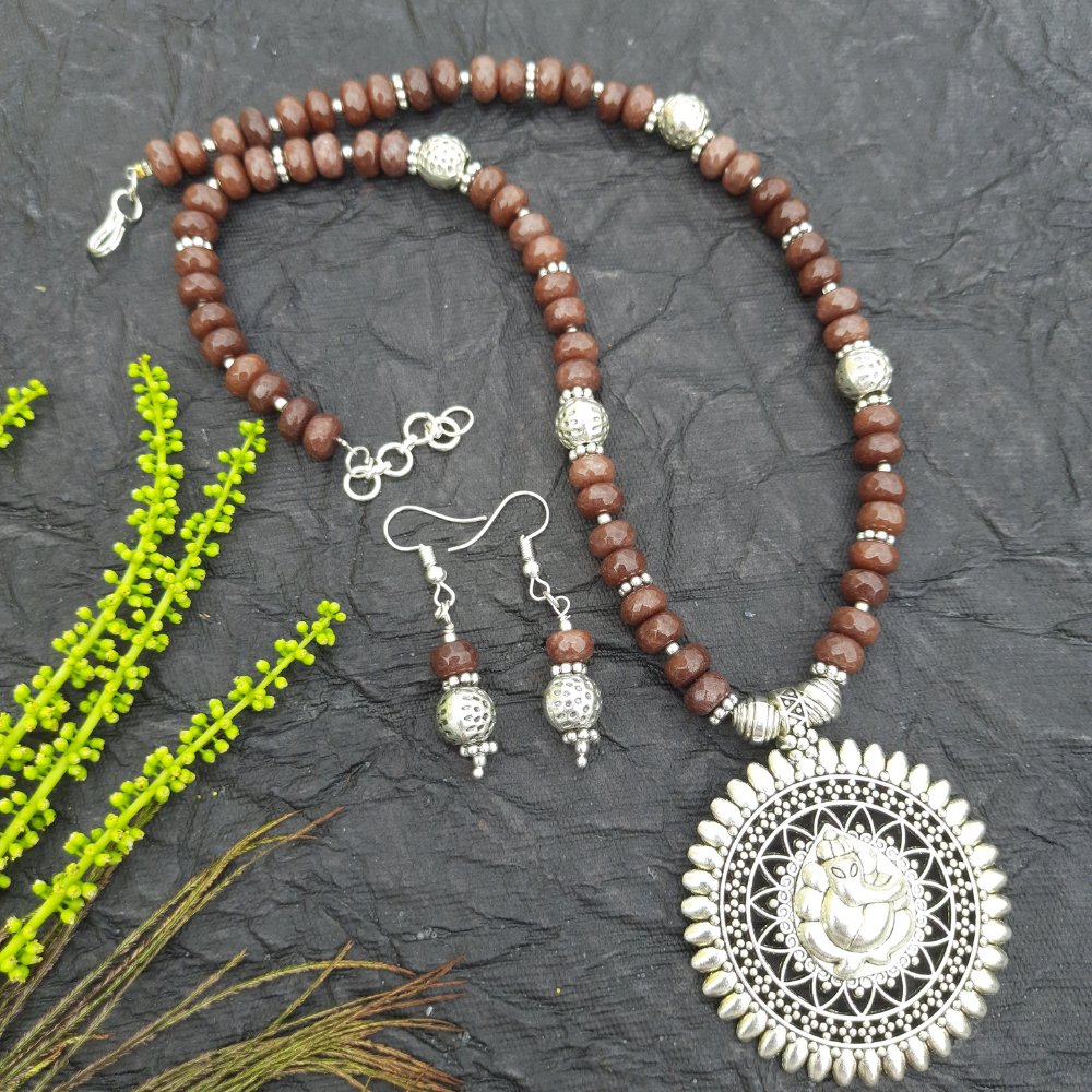 Semi Precious Tyre Agate Beads Necklace Set - Kreate- Jewellery Sets