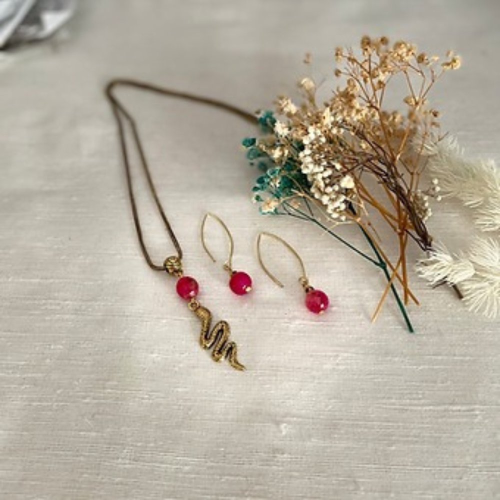Serpentine - Pink Agates Pendant Set - Kreate- Jewellery Sets