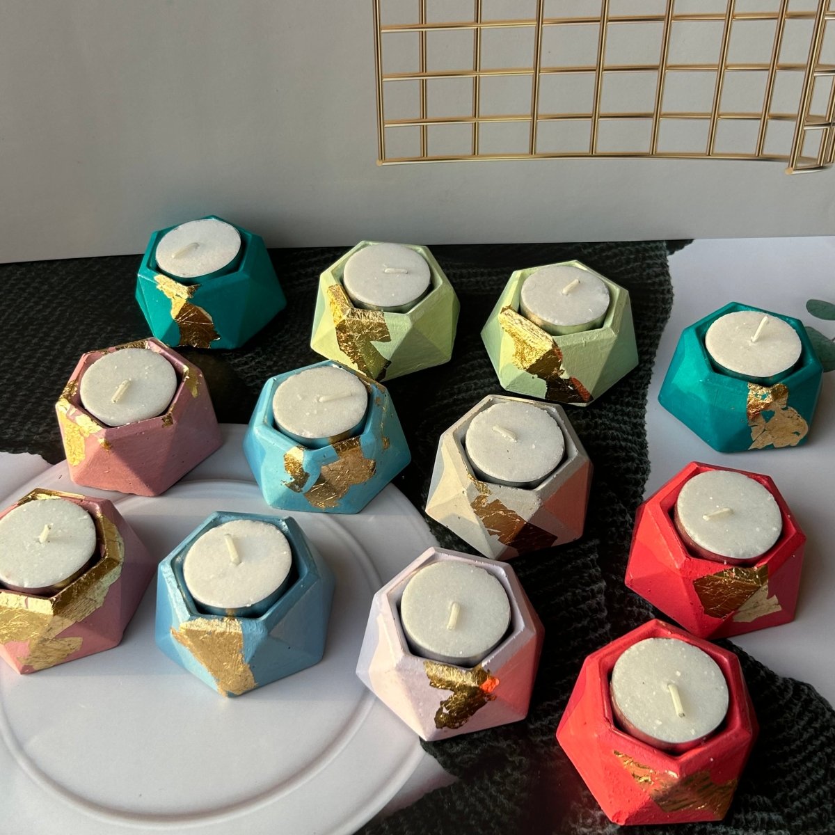 Set of 2-Hexa Mini Tealight holder with Gold foil - Kreate- Candles & Holders