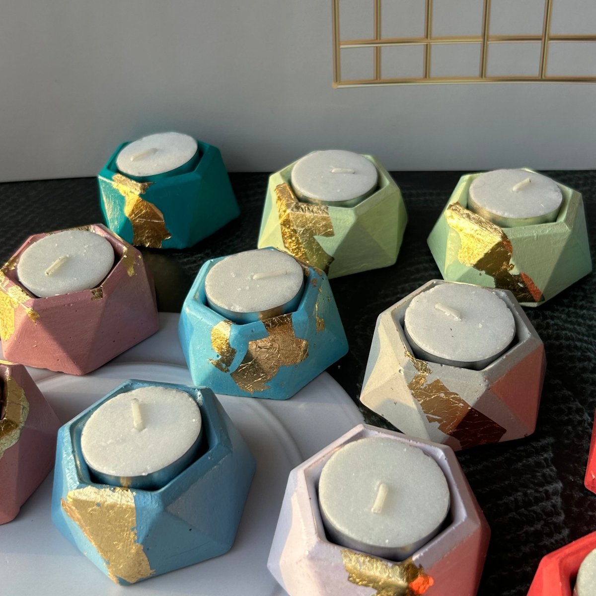 Set of 2-Hexa Mini Tealight holder with Gold foil - Kreate- Candles & Holders