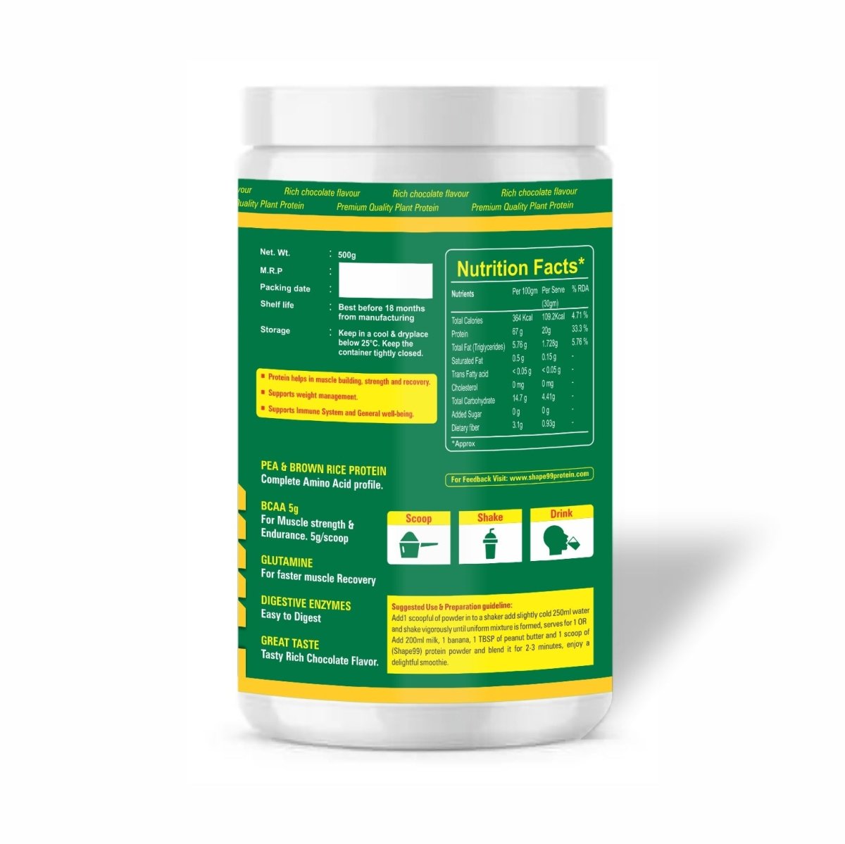 Shape99 Vegan Plant Protein Powder (500 g) - Kreate- Protein Bars & Powders