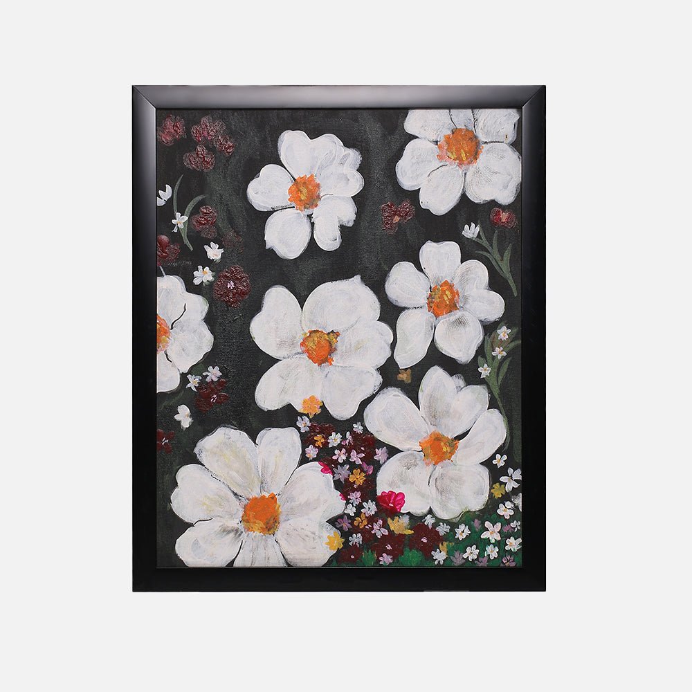 Shiny White Florals Acrylic Painting - Kreate- Painting