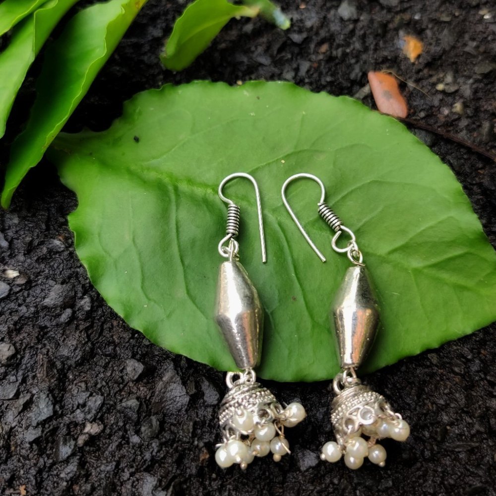 Silver Dholki Beads Jhumka - Kreate- Earrings