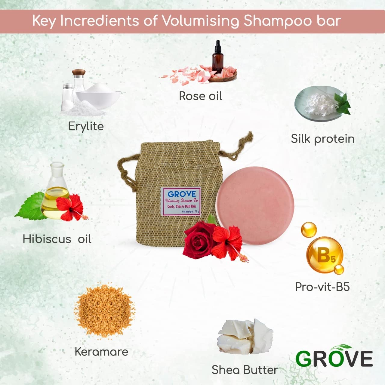 Grove Silk Protein - Volumizing Shampoo Bar For Bouncy, Curly & Wavy Hair| Suitable For Dull, Dry & Thin Hair| Biodegradable | Paraben & Sulphate Free (Pack Of 1) - 75 g
