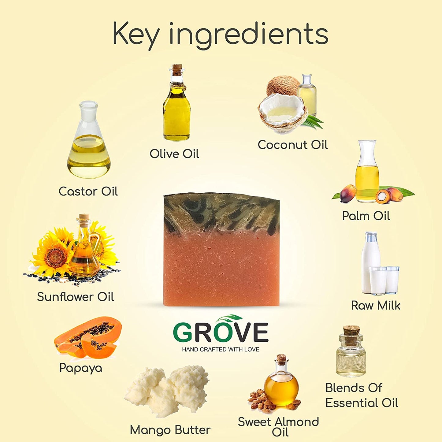 Grove Skin Brightening Handmade Soap With Raw Milk Papaya Mango Butter Almond Olive oil | Dark Spots Pigmentation Tanning (Pack of 2)
