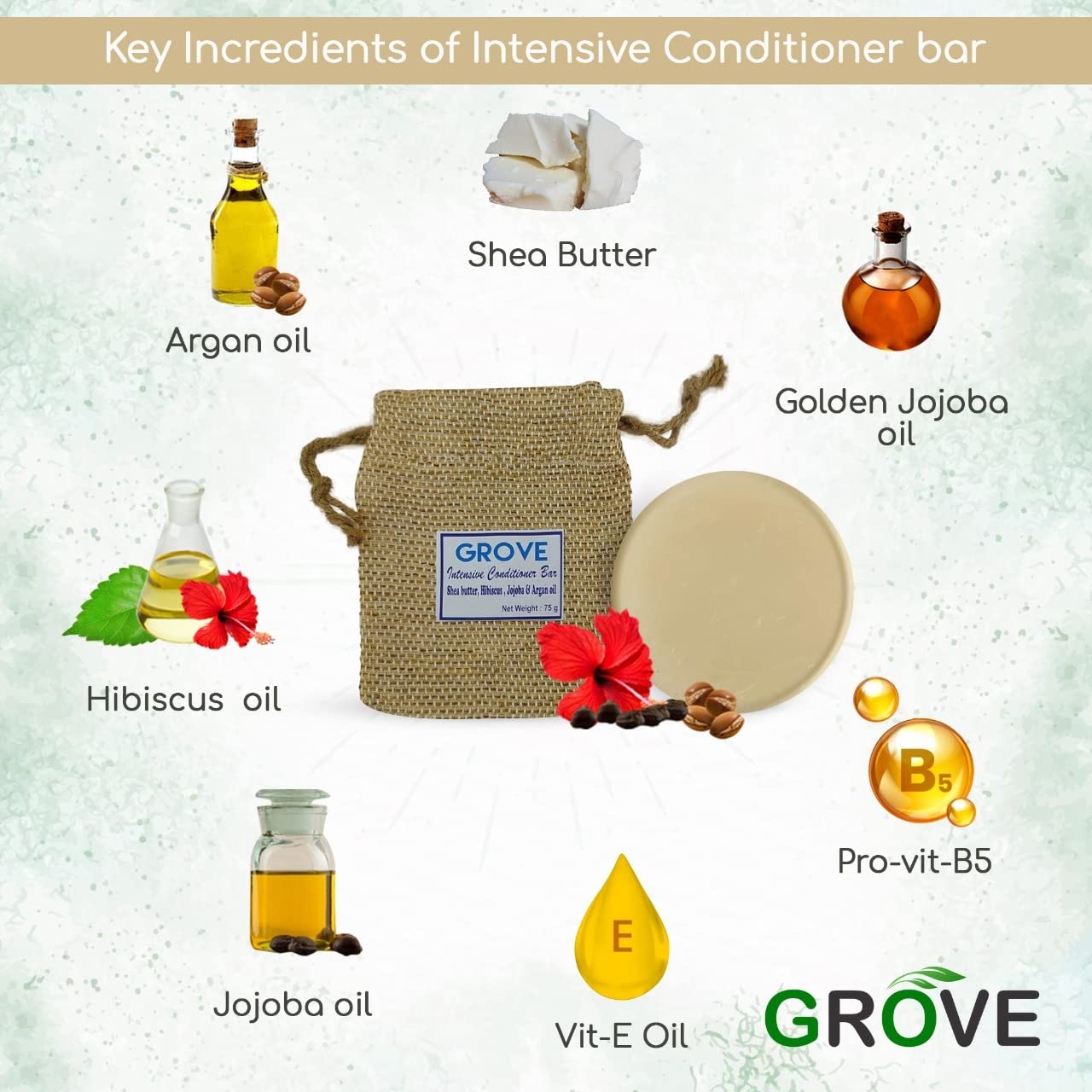 GROVE Intensive Solid Conditioner Bar| Loaded With Hibiscus Oil, Argan Oil, Jojoba Oil & Shea Butter For Silk & Shine Hair