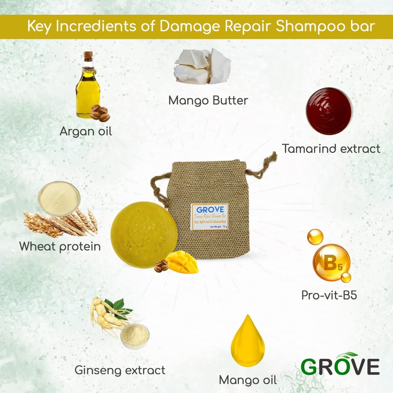 Grove Damage Repair Solid Shampoo Bar With Mango Fragrance Oil| Suitable For Split Ends & Colored Hair| Natural, Sustainable & Biodegrable (Pack Of 1) – 75 g