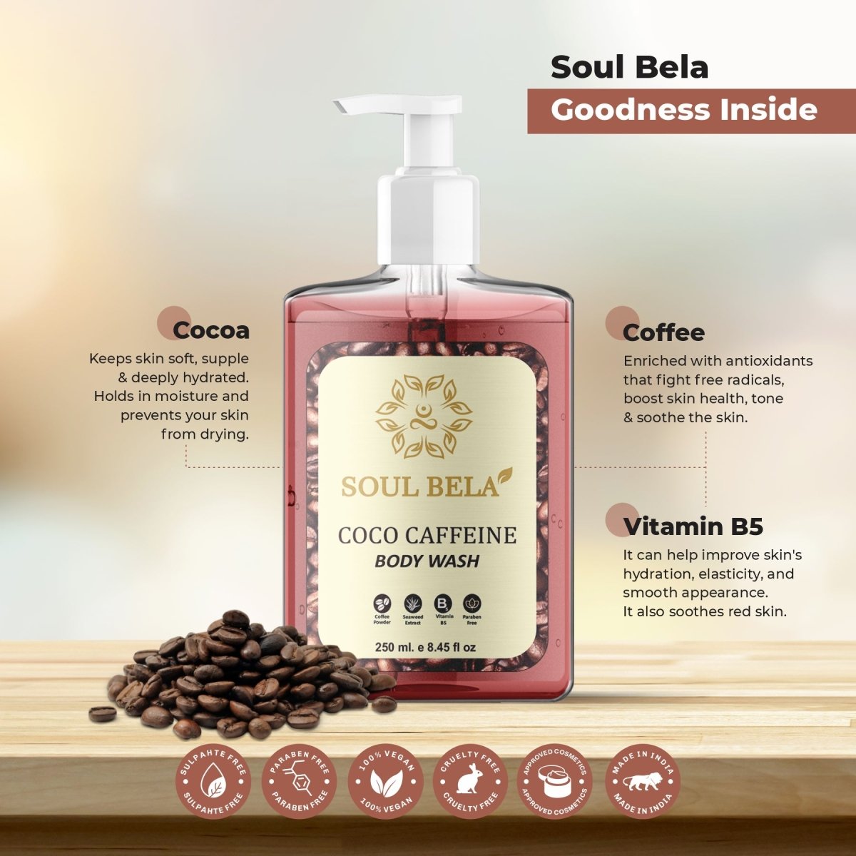 Soul Bela Cocoa Caffeine Body Wash (250ml) - Kreate- Body Wash