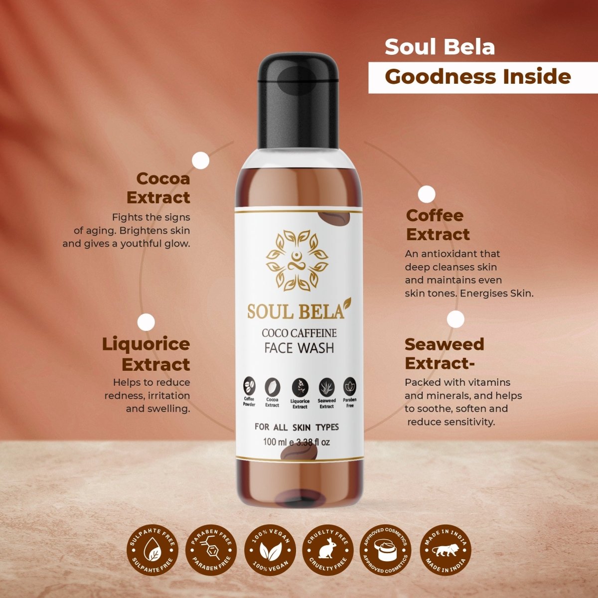 Soul Bela Cocoa Caffeine Face Wash (100ml) - Kreate- Face Wash